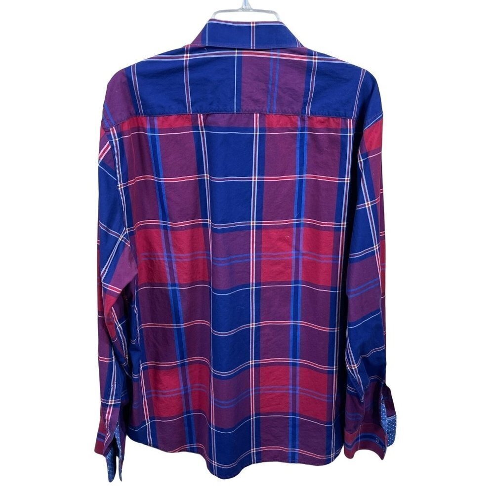 Bugatchi Men's Casual Button Front Shirt Red Navy Blue Plaid Shaped Fit Size XL - Picture 2 of 6